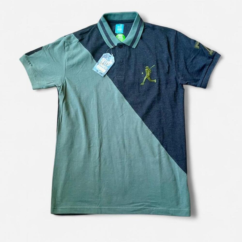 Hello Summer Men's Color Block Polo Shirt Green & Charcoal Baseball Logo Size L